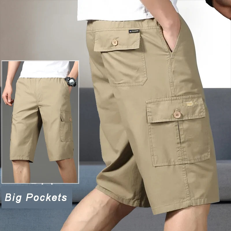 Mens Cotton Cargo Shorts Below Knee Lenth Summer Elastic Waist Sweatpants Hiking Running Bermuda Shorts Gym Below Knee Shorts