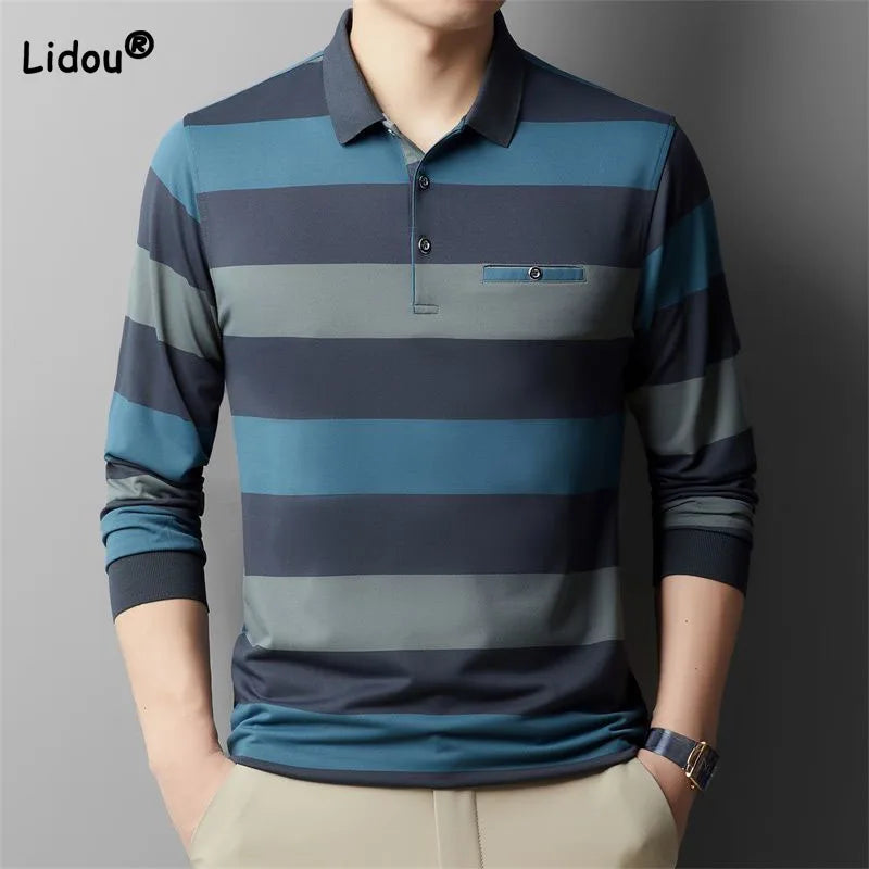 Fashion Male Clothes Polo-Neck Striped Shirt 2023 Spring Autumn New Button Spliced Casual All-match Long Sleeve T-shirt for Men