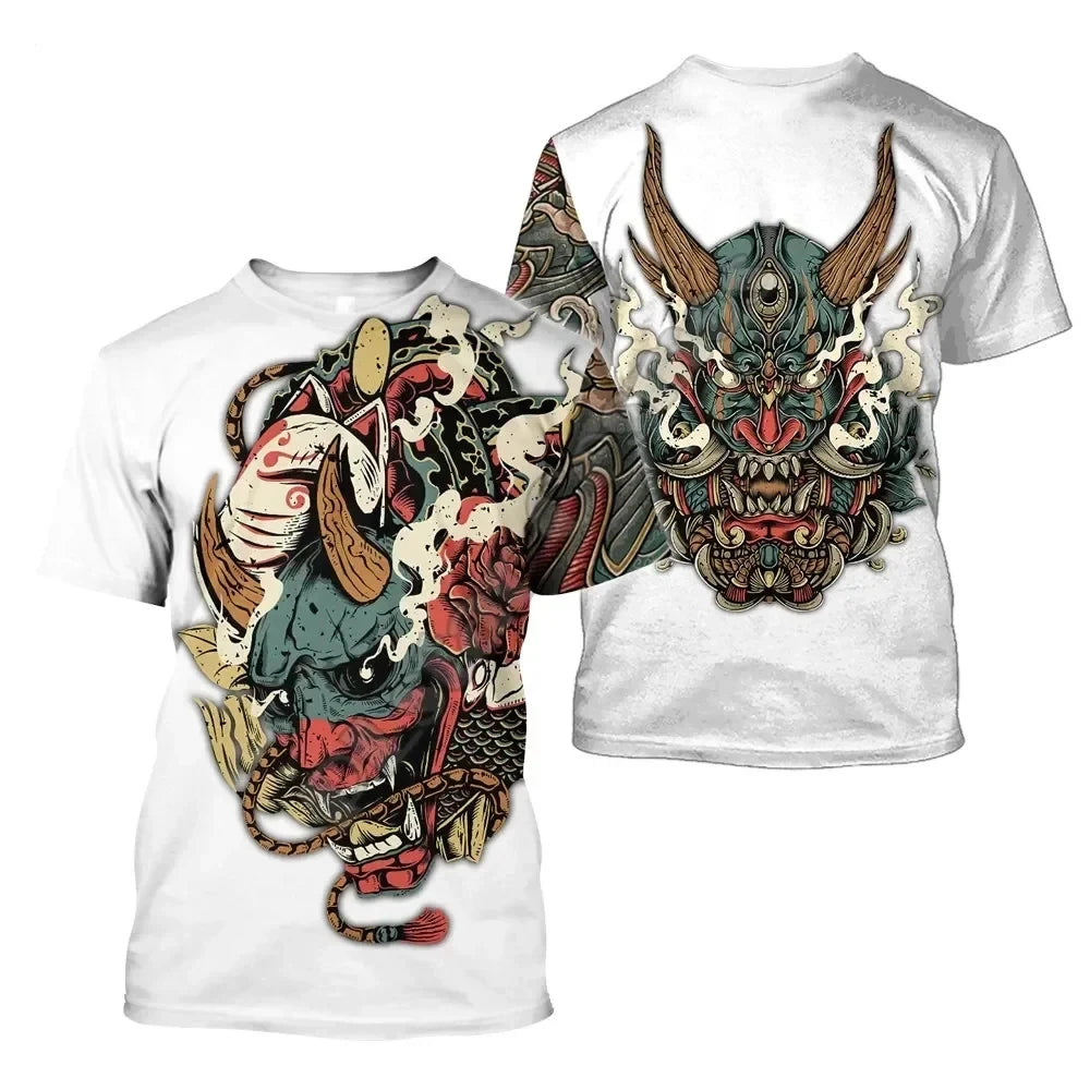 Men's Summer Fashion Samurai Tattoo Pattern Casual Harajuku Streetwear 3D Print Hip Hop Round Neck T-shirts