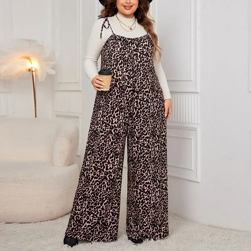 Plus Size Leopard Jumpsuits Sexy Lace Up Strap Sleeveless Wide Leg Pants Fashion Loose Brown Overalls