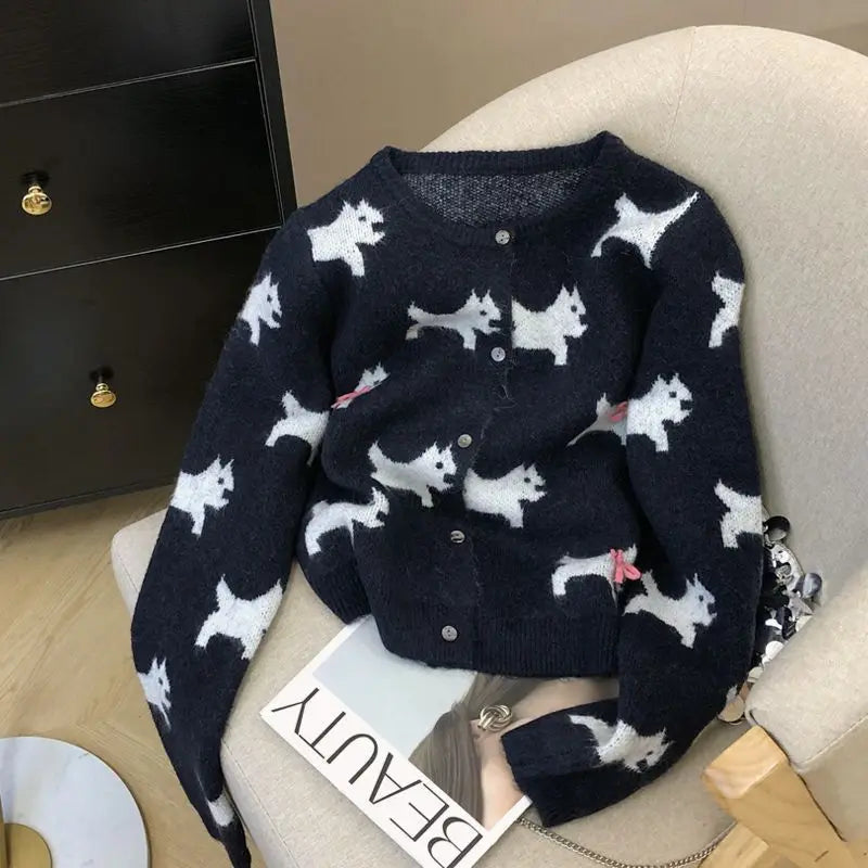 Women Trendy Cute Cartoon Dog Jacquard Cardigan Sweet Chic Bow Knitted Sweater Y2K Simple Casual Long Sleeve Loose Outerwears