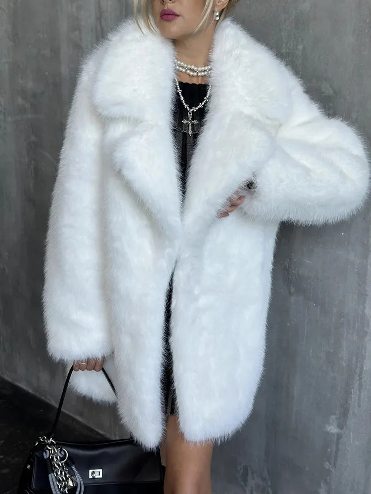 TARUXY 2025 Winter Imitation Fox Fur Mid-length Coat For Women Fashion Artificial Lapel Thicken Streetwear Faux Fur Jacket Lady