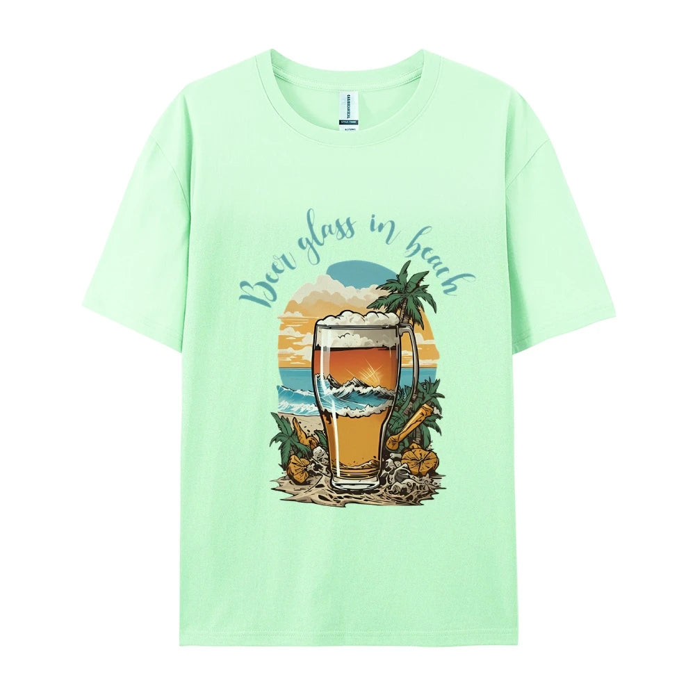 Beer Glass In Beach Women’s Graphic Tee Summer Vacation T-Shirt Beers Lover Shirt Oktoberfest Tshirts Women’s Clothes Top Tees