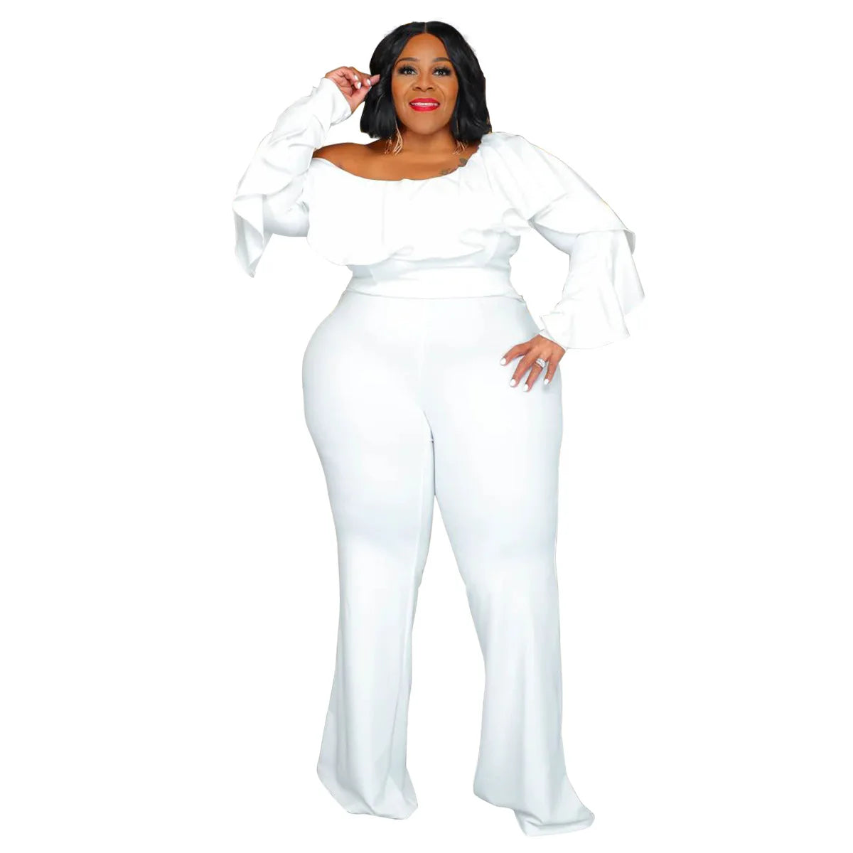 Plus Size Women Jumpsuit One Shoulder Long Sleeves Rufflea Wide Leg Pants Party Rompers 4XL 5XL Autumn Winter