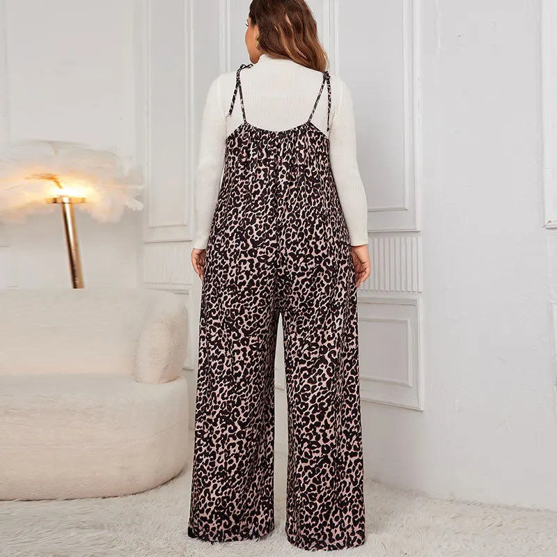 Plus Size Leopard Jumpsuits Sexy Lace Up Strap Sleeveless Wide Leg Pants Fashion Loose Brown Overalls