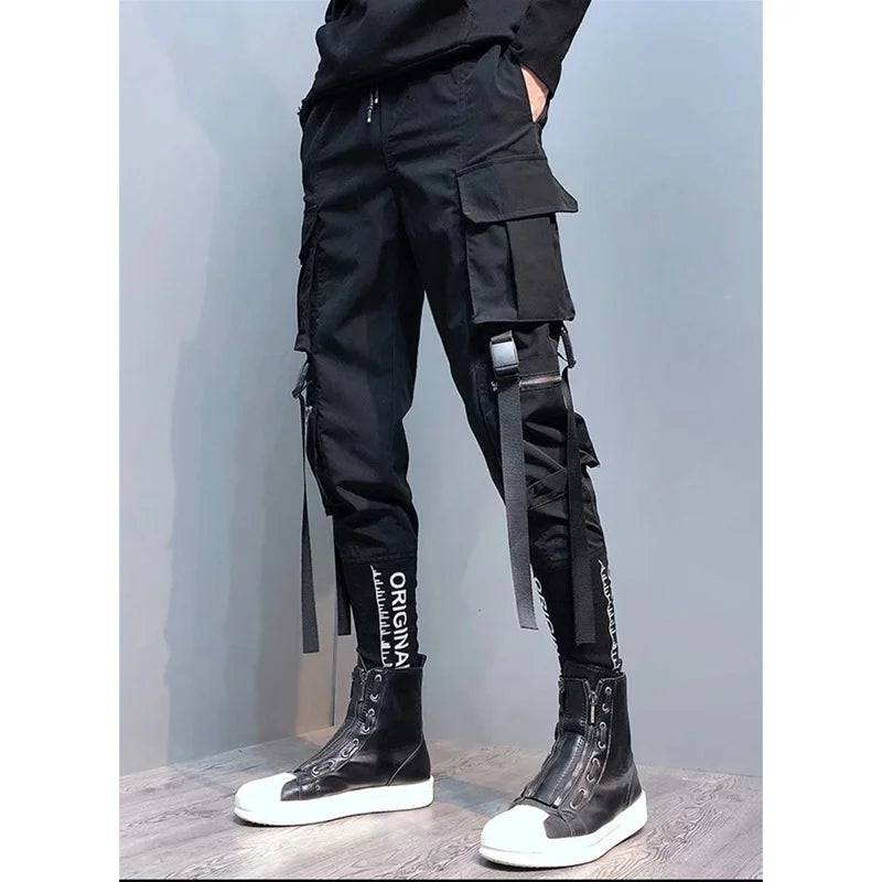 Y2K Joggers Cargo Pants For Men Casual Hip Hop Pocket Mens Trousers Sweatpants Streetwear Ribbons Techwear Black Baggy Pant 브론슨