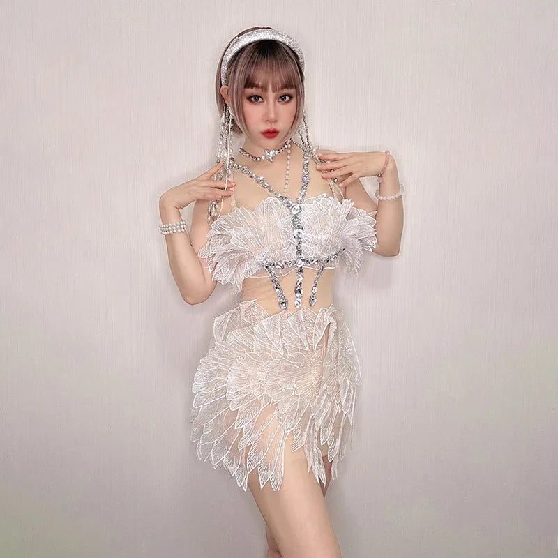 Golden Shinny Crystal Cicada Wings Dress Birthday Party Dresses Women Stage Performance Costumes Carnival performance costume