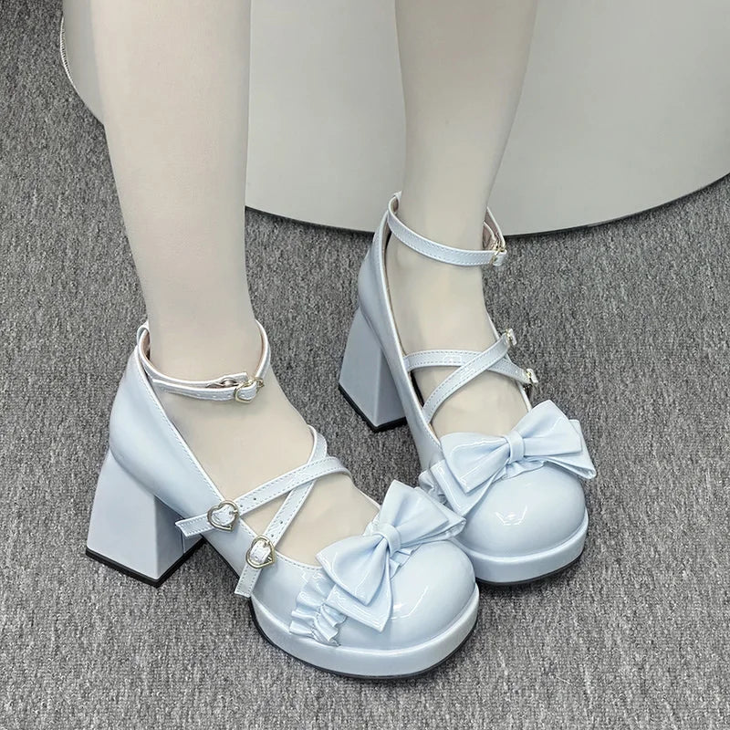 Original Round Toe Lolita High Heels Japanese Sweet Cute Bow Love Buckle Chunky Mary Jane Shoes Kawaii Leather Shoes for Women