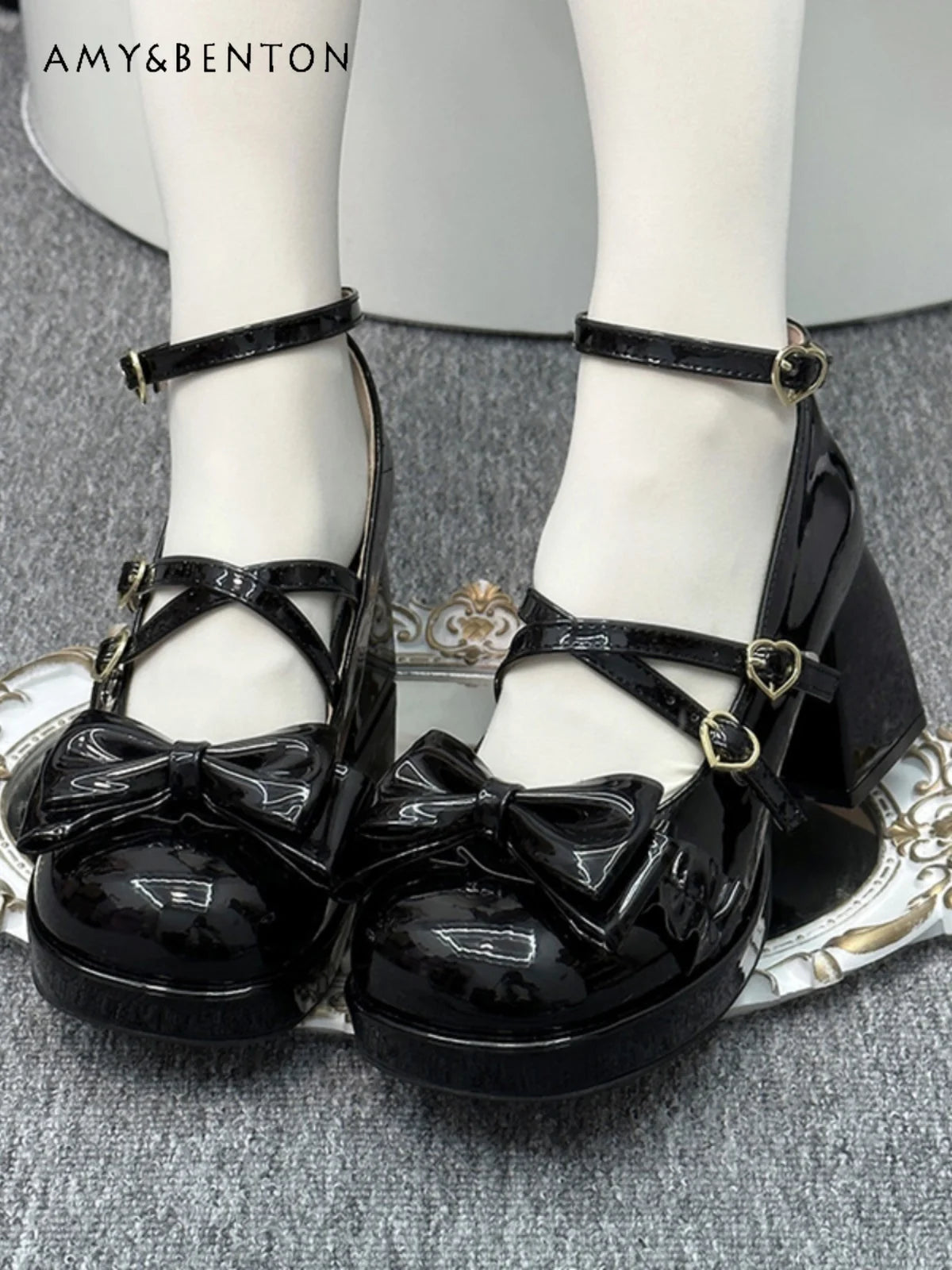 Original Round Toe Lolita High Heels Japanese Sweet Cute Bow Love Buckle Chunky Mary Jane Shoes Kawaii Leather Shoes for Women