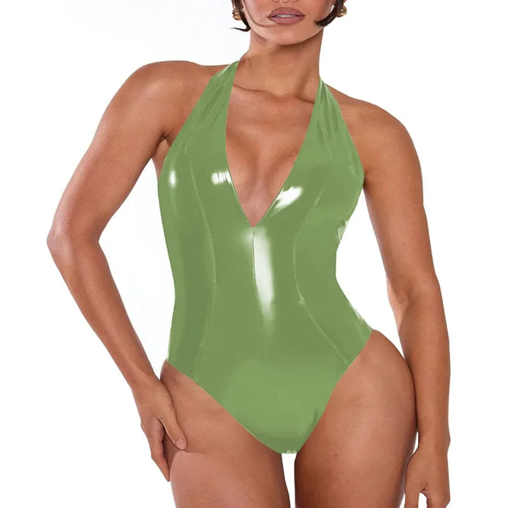 Plus Size Women Skintight Halter Bodysuits Sexy Plunging Neckline Backless Exotic Catsuit Shiny PVC Leather Latex Look Teddies