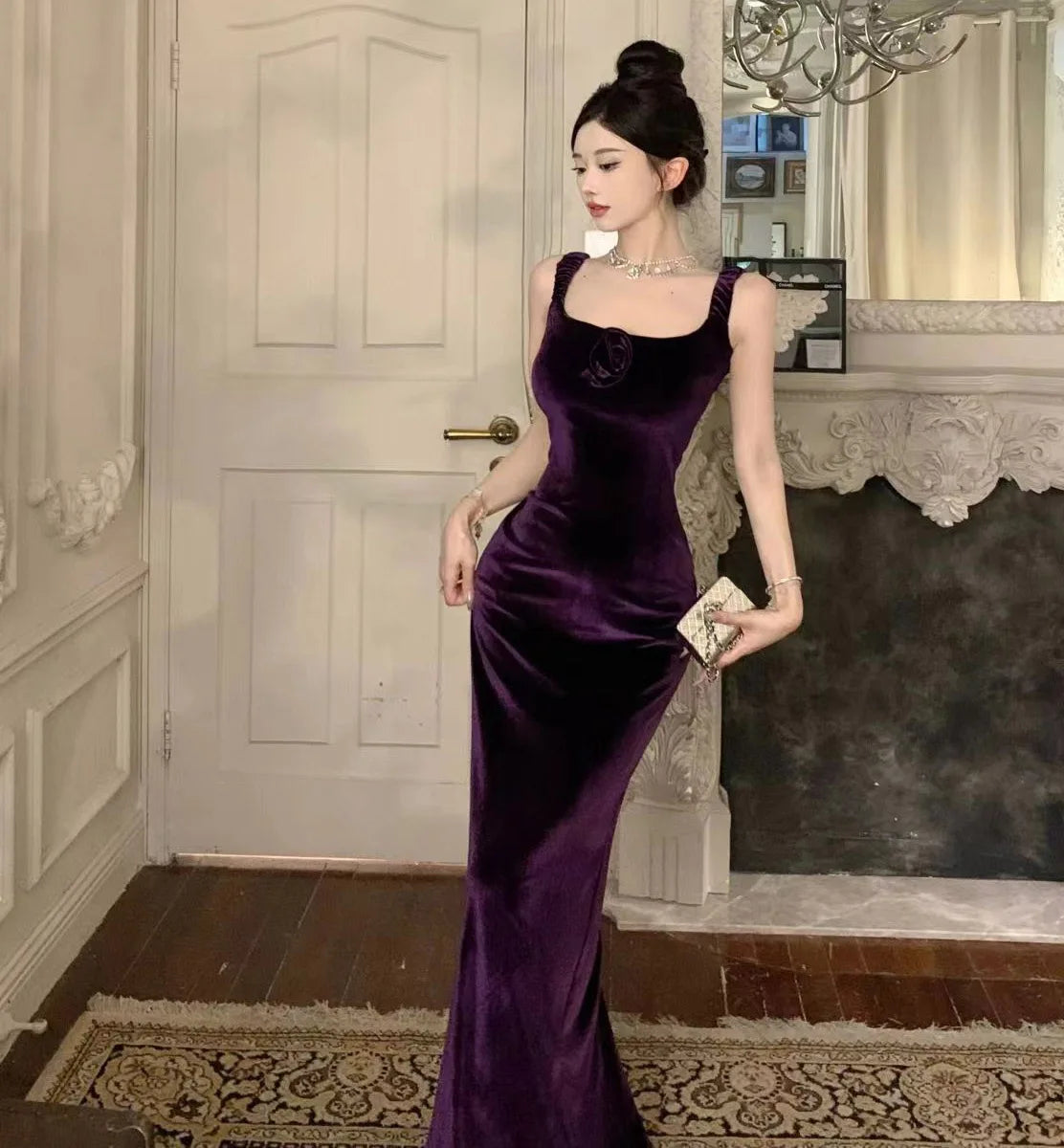 Velvet Sleeveless Long One-piece Dress Gown Purple Women Elegant Party Maxi Dress