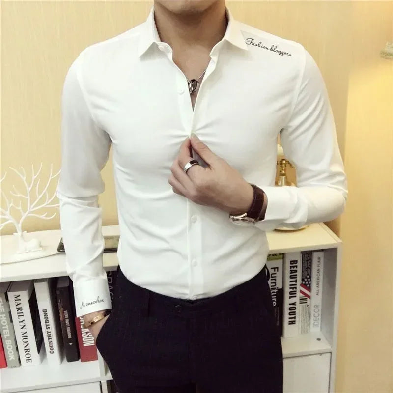 Shirts and Blouses for Men Plain Long Sleeve Clothing Muscle Man Tops Business Dress Shirt Black with Collar Slim Fit Asia S Xxl