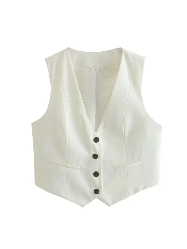 Cropped Vest Women Waistcoat Fashion Buttons Tops Vintage V Neck Sleeveless Coats Outerwear White Black Chic Jacket