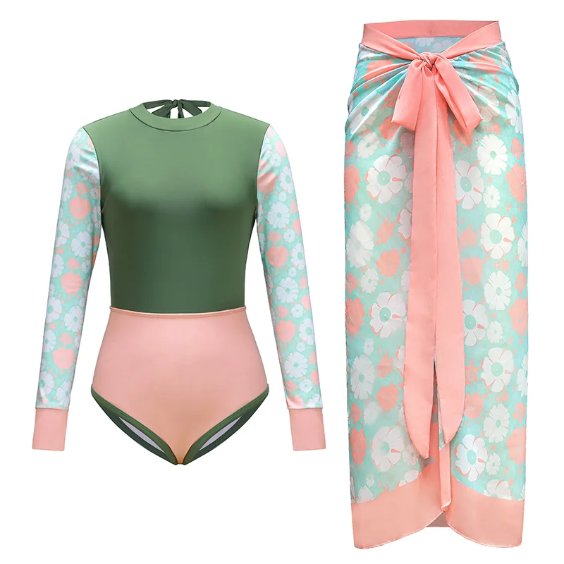 Sexy One Piece Women Long Sleeve Swimwear with Skirt Hollow Out Swimsuit Ruffle Bikinis Luxury Monokini Beach Wear Bathing Suit