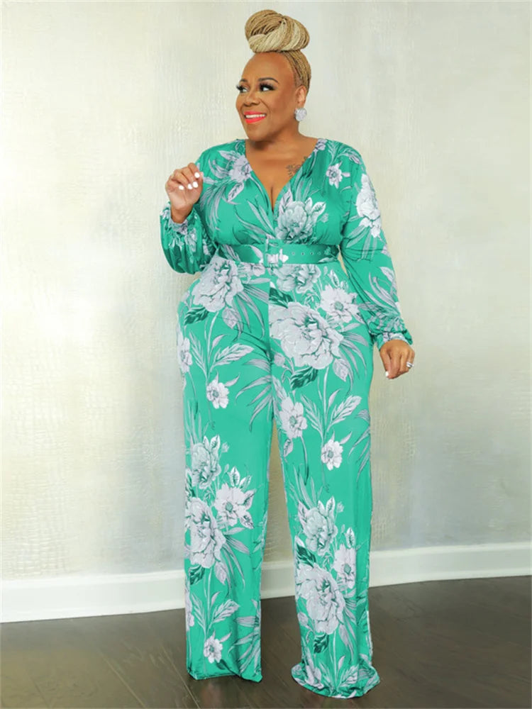 Wmstar Plus Size Romper Women with Belt Flower Print Long Sleeve Wide Leg Office Lady New Fall Jumpsuit Wholesale Dropshipping