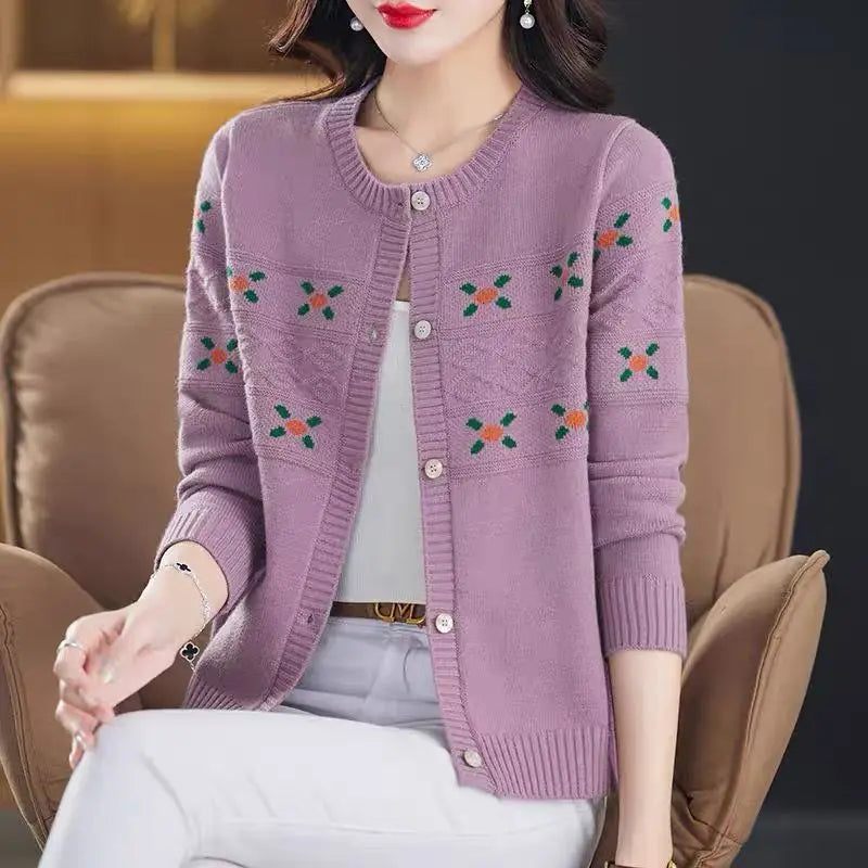 Autumn Winter New Round Neck Long Sleeve Fashion Sweater Women High Street Casual Printing Button Cardigan Elegant All-match Top