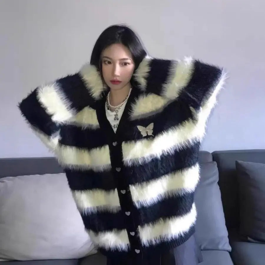 Mink Fleece Cardigan Sweater Jacket for Women with a Black and White Striped Soft and Lazy Knit Top