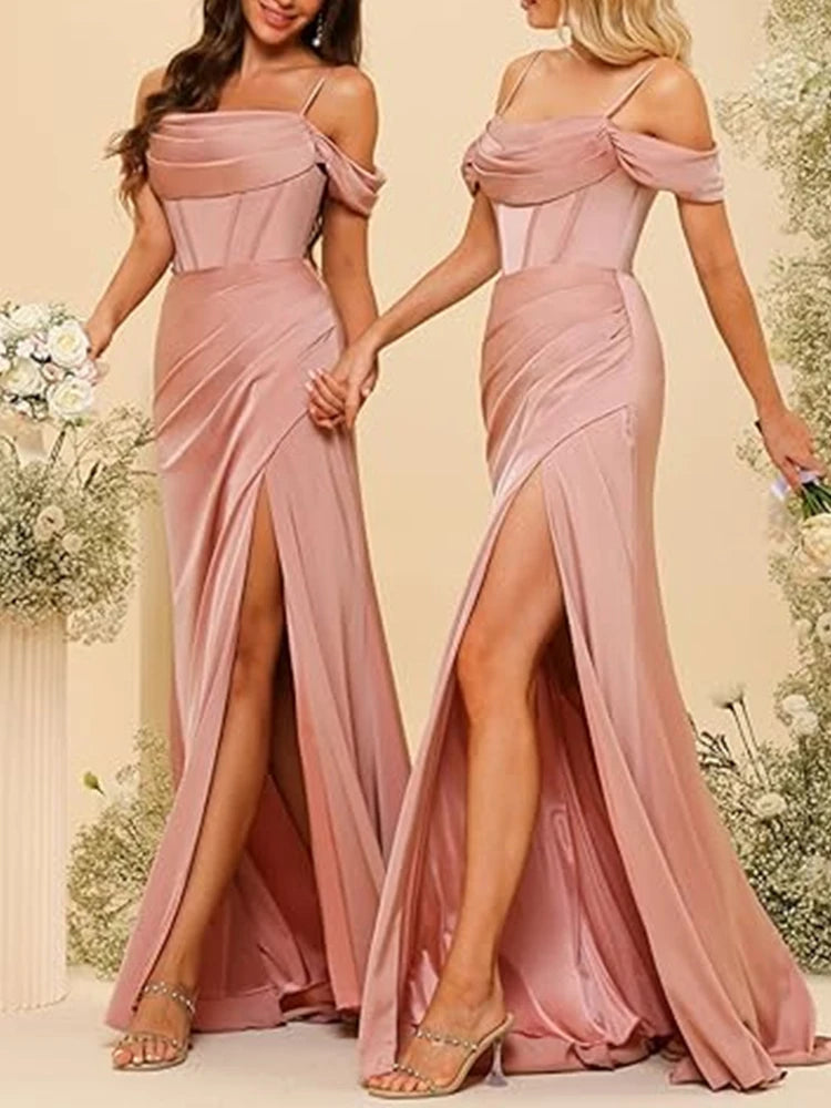 Off-the-shoulder Satin Bridesmaid Dresses Long Fishtail Waist Slit Slim Fit Evening Dress Women Formal Banquet Party Maxi Dress