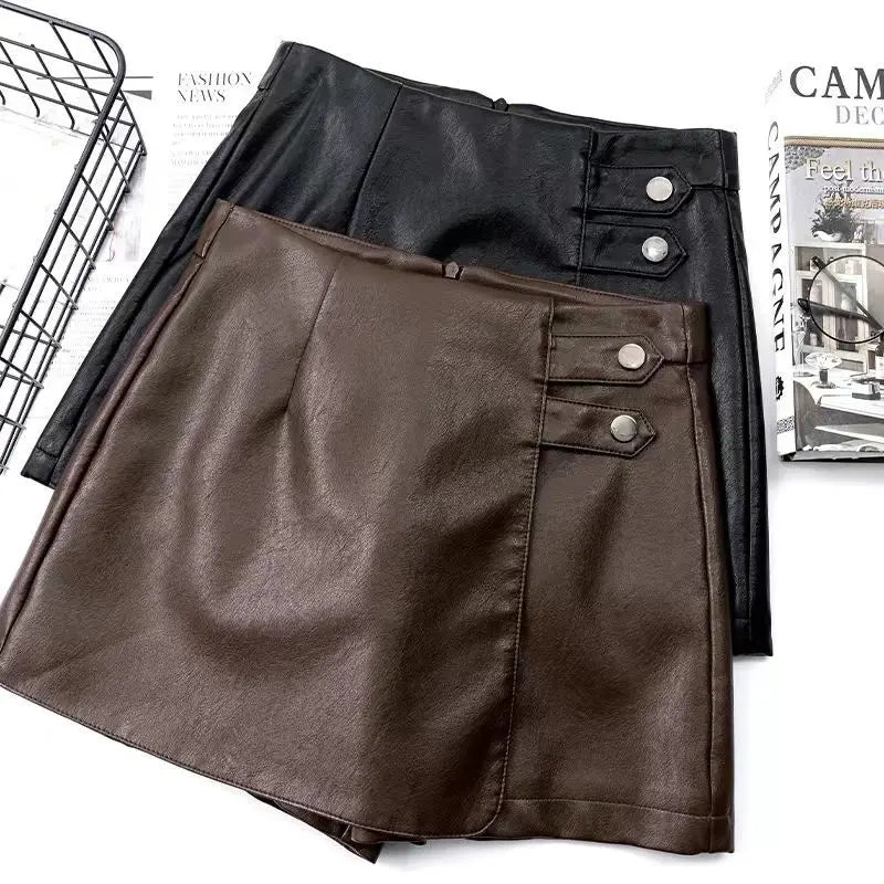 Fashion All-match Solid Color Shorts Patchwork Skirt Women's Clothing Autumn Casual Commute High Waist Leather Skirts for Female