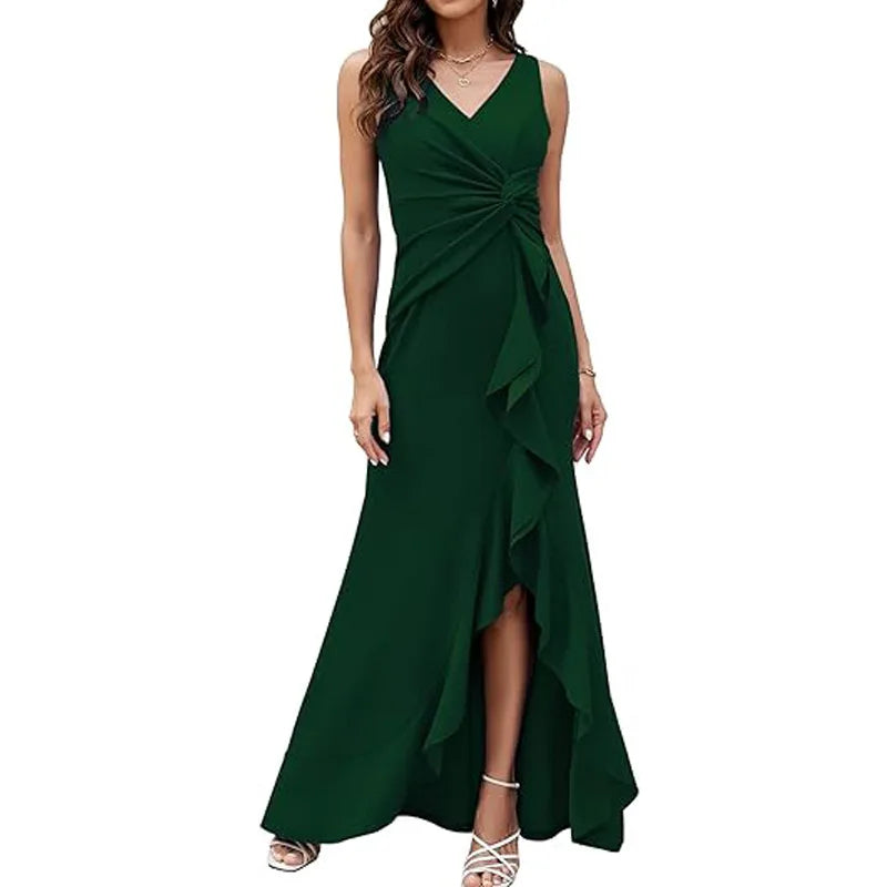 Elegant V-Neck Party Maxi Dress Women Fashion Sleeveless Ruffle Split Gown Prom Dress Ladies Slim Fit Tie Up Bodycon Gala Dress