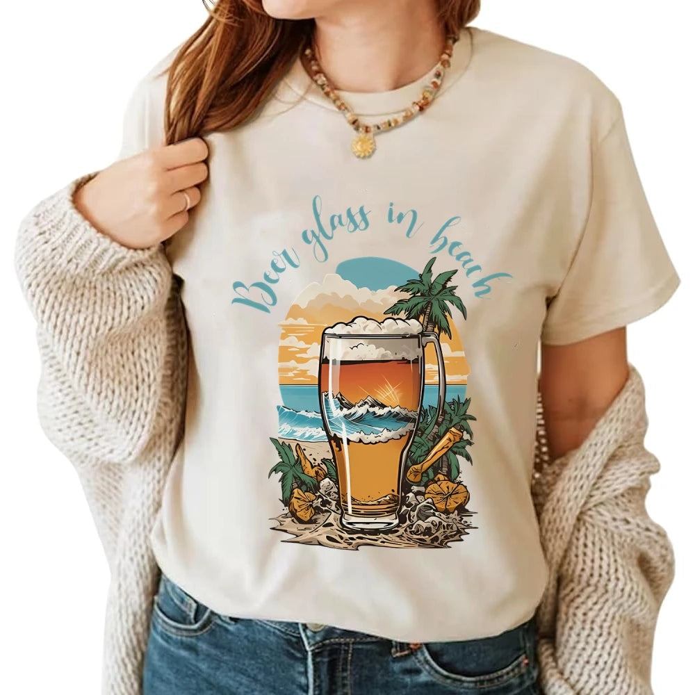 Beer Glass In Beach Women’s Graphic Tee Summer Vacation T-Shirt Beers Lover Shirt Oktoberfest Tshirts Women’s Clothes Top Tees