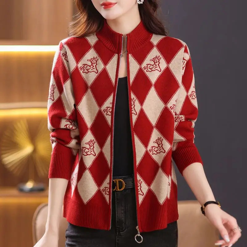 Women's Korean Vintage Plaid Sweaters Cardigan Autumn Winter Casual All-match Stand Collar Zipper Knitted Tops Female Clothing