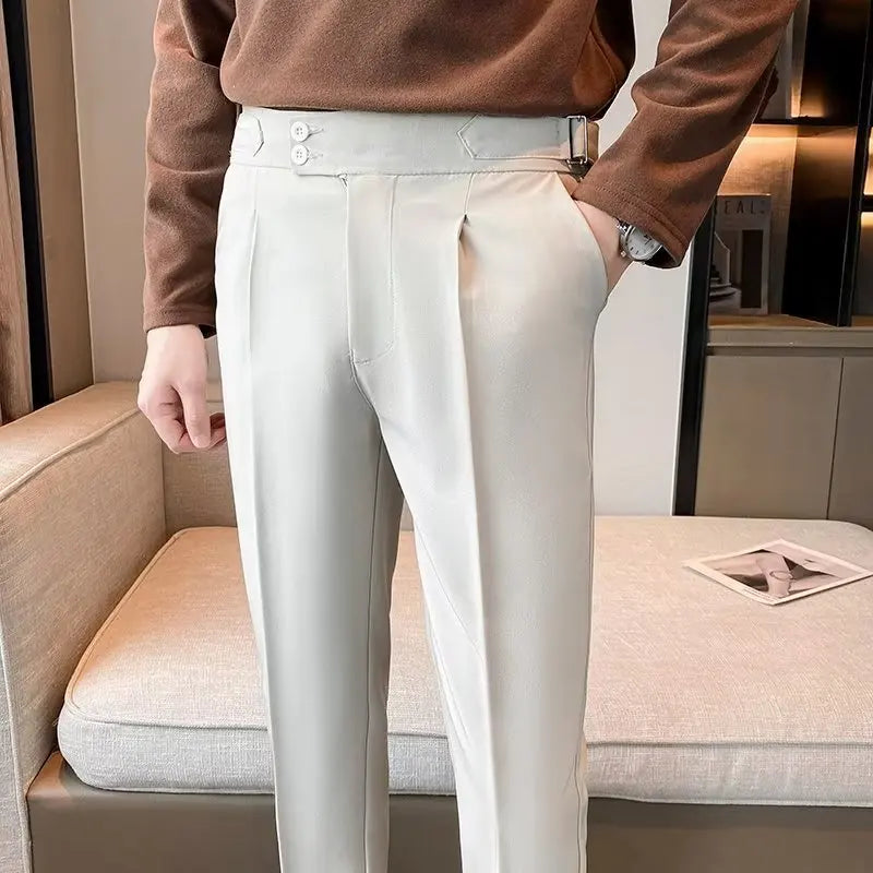 2023 New British Style Solid High Waist Draped Trousers Korea Men Formal Blazer Pants Slim Business Casual Suit Pants Hommes