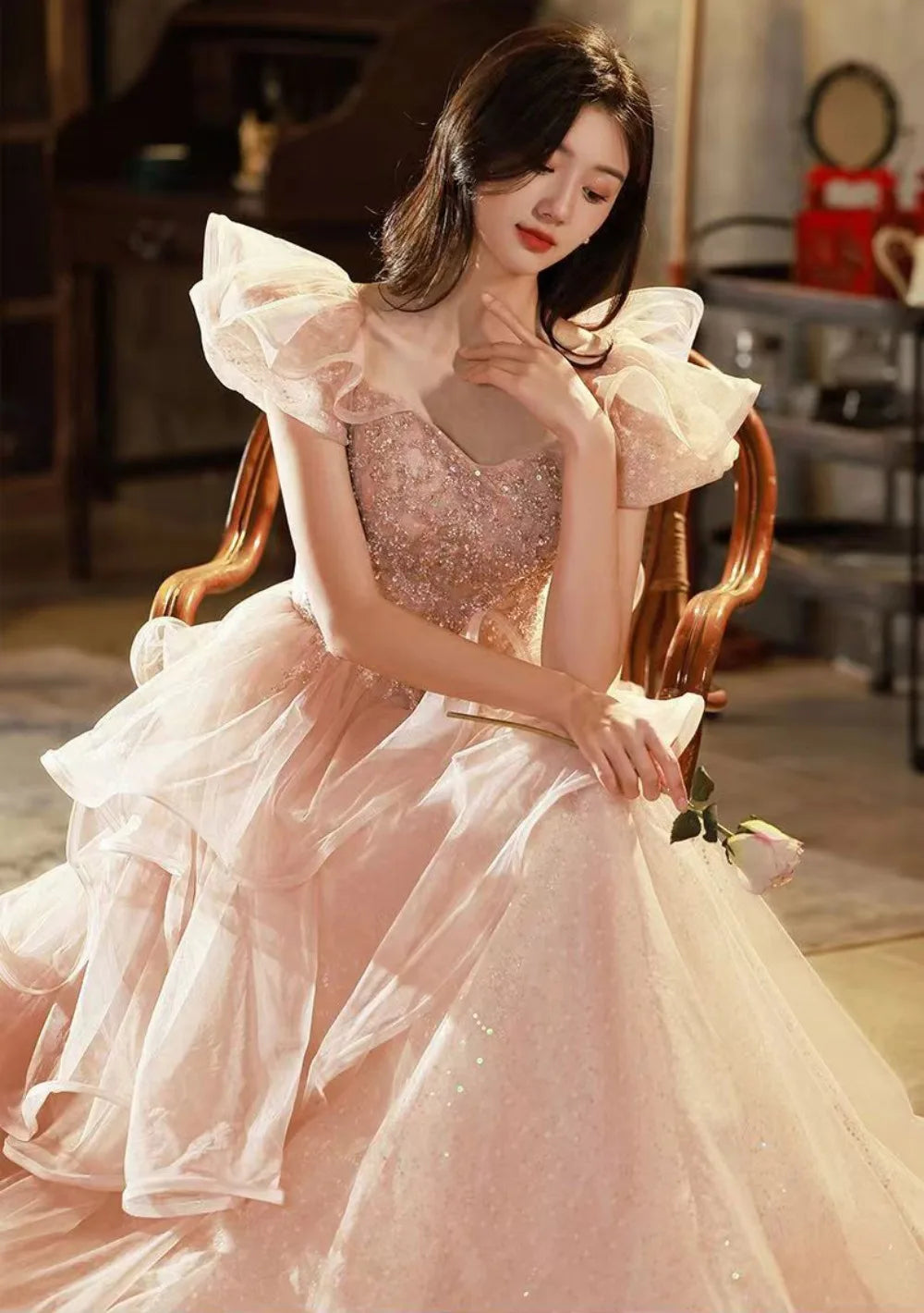 Pink Elegant Evening Dresses for Women Flying Shoulder Sequined Ruffle Fluffy Organza Prom Dreeses for Woman