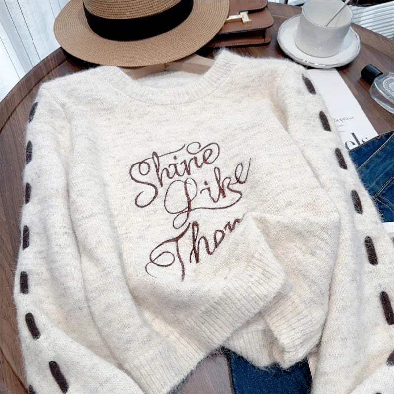 Women Clothing White Vintage Knitting Sweater Cardigan Jacket Green Long Sleeve Casual Fashion Female NEW Winter Round Neck Tops