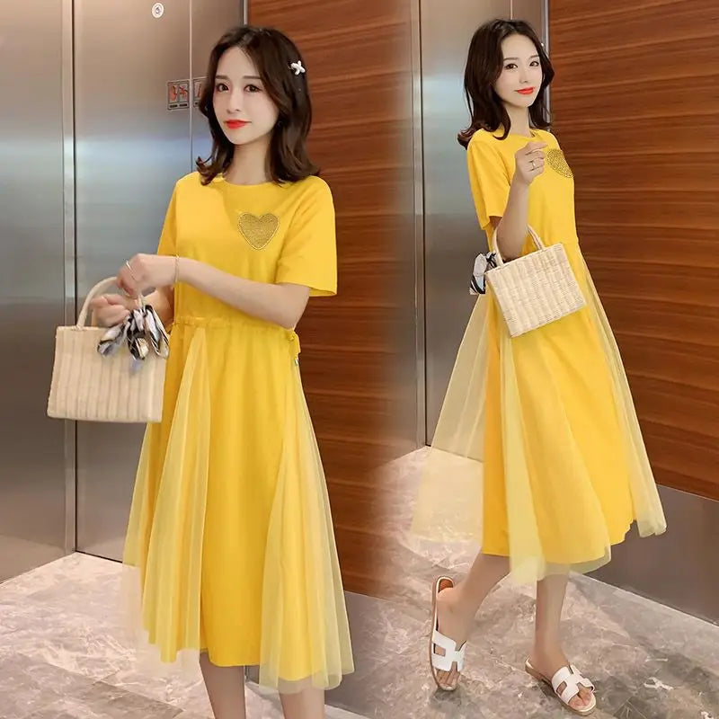 Summer Round Neck Fashion Short Sleeve Midi Dress Women High Street Casual Printing Vestidos Lace Patchwork Drawstring Dresses