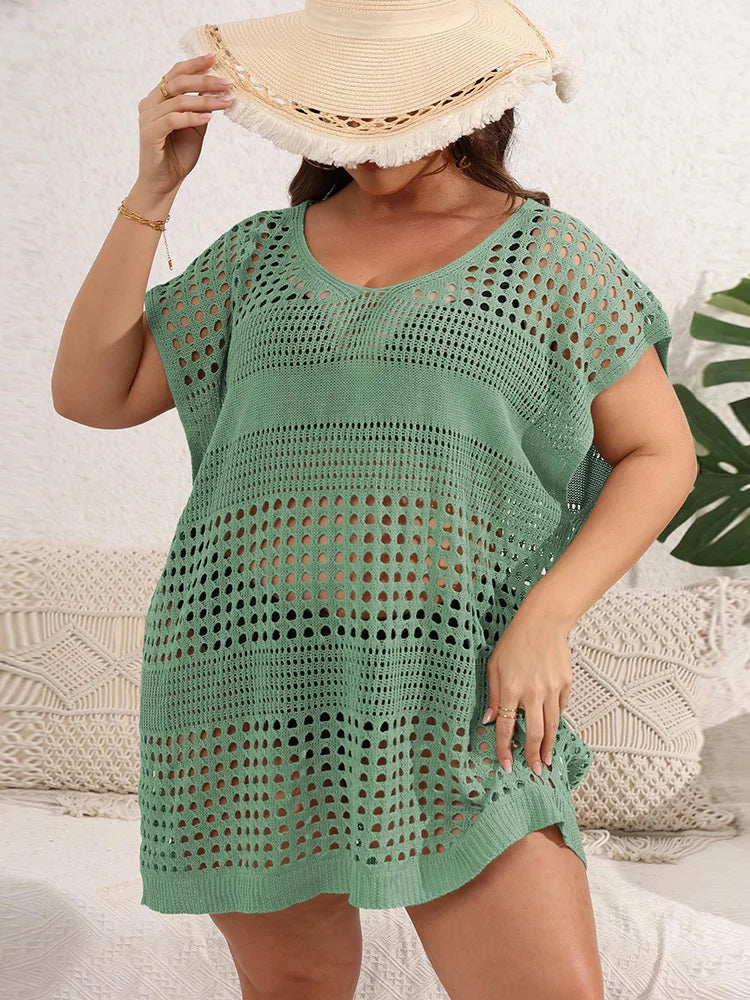 GIBSIE Plus Size Women Beach Dress Sexy Hollow Out Knit Bikini Cover Up Female Loose Tunic Beachwear Swimwear Cover-ups