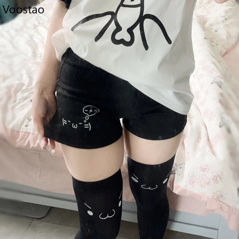 Japanese Harajuku Cotton Shorts Women Black Casual Short Pants Cute Print Korean Style Kawaii Fashion Y2K Summer