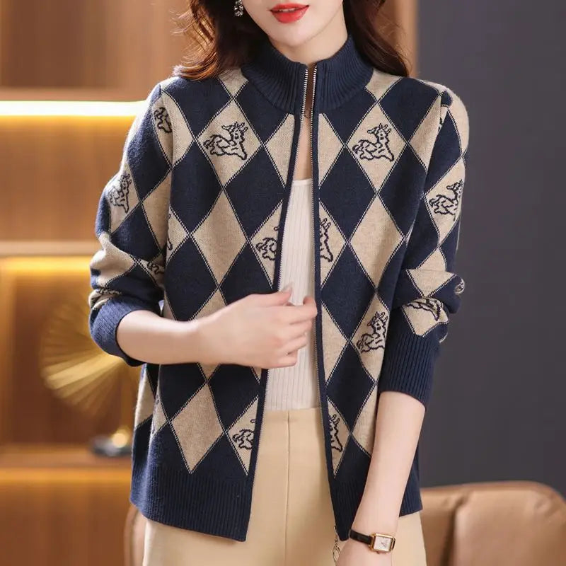 Women's Korean Vintage Plaid Sweaters Cardigan Autumn Winter Casual All-match Stand Collar Zipper Knitted Tops Female Clothing