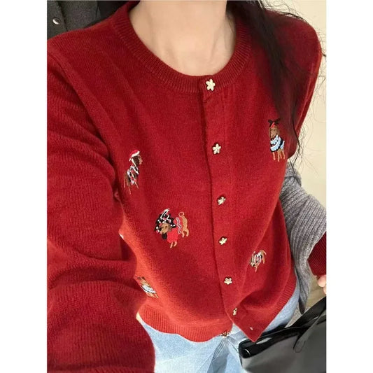 Women's Trendy Sweet Chic Cute Cartoon Embroidery Single Breasted Cardigan Spring Casual O Neck Long Sleeve Knitted Sweater Coat