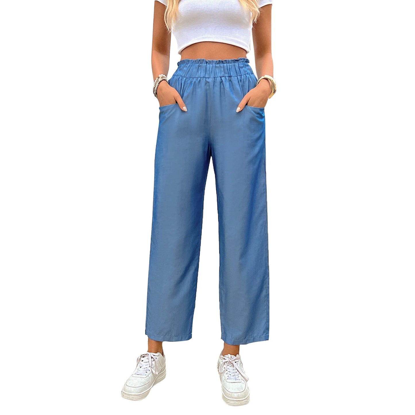 2024 Women Fashion Imitation Denim Trousers Elastic High Waist Straight Wide Leg Pants Casual Trousers Women Solid Office Pants