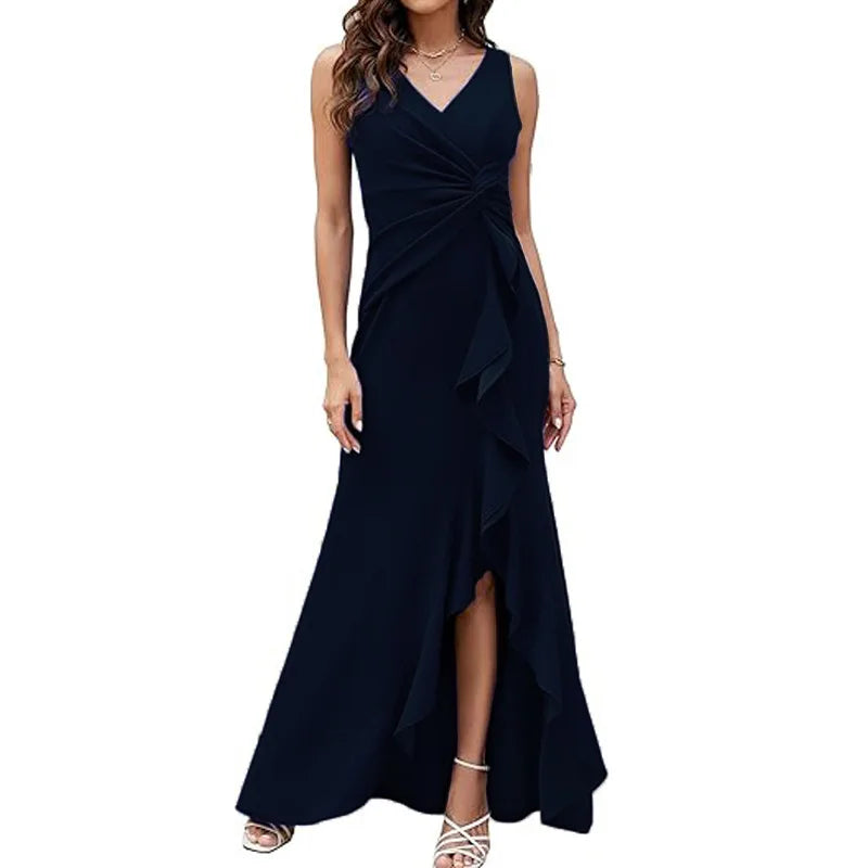 Elegant V-Neck Party Maxi Dress Women Fashion Sleeveless Ruffle Split Gown Prom Dress Ladies Slim Fit Tie Up Bodycon Gala Dress