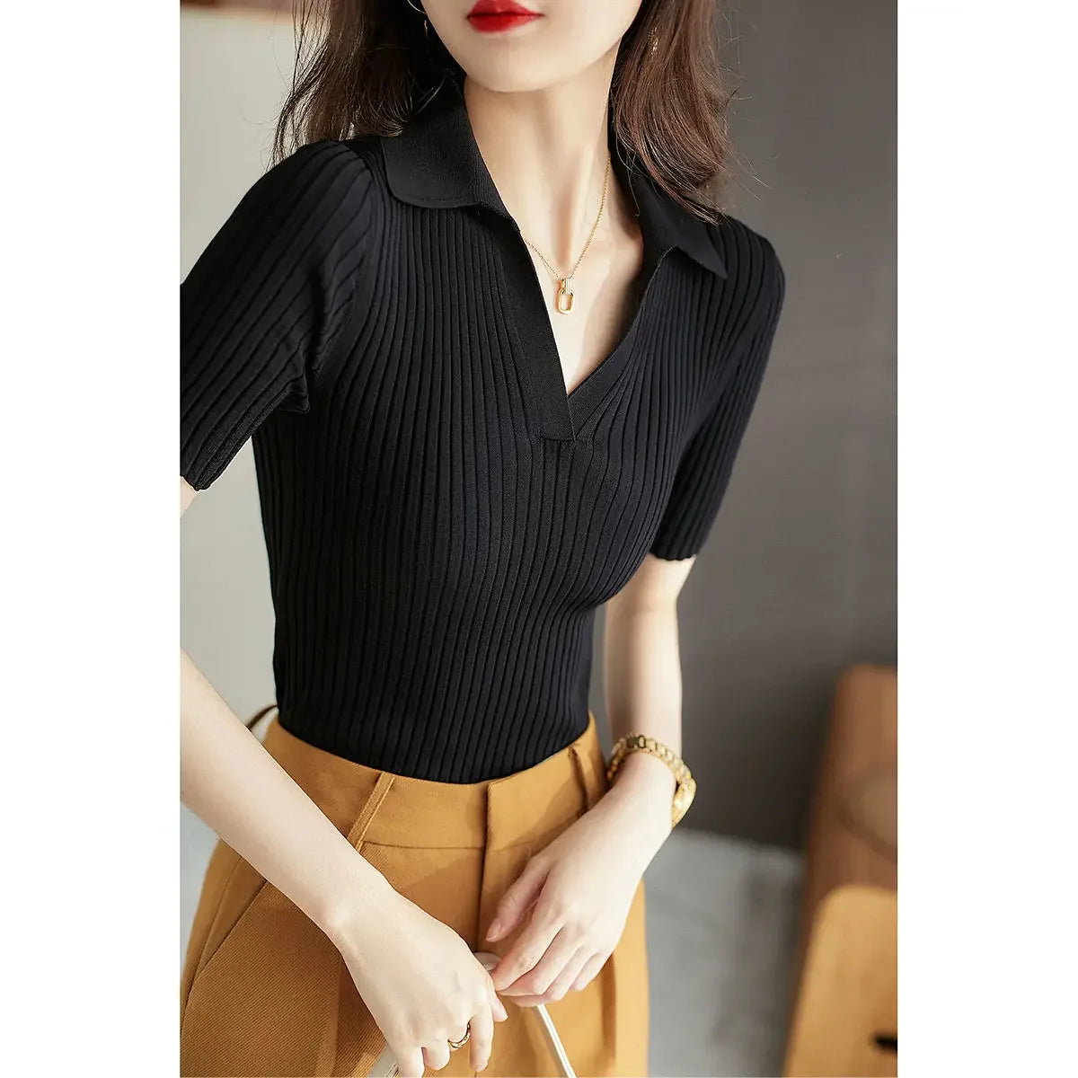 Woman T Shirt Plain Slim Knitted Black Polo Neck Women Casual Tops Korean Popular Clothes Clothing Basic New Synthetic Aesthetic