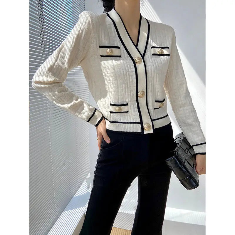 Spring Autumn New V-neck Long Sleeve Fashion Sweater Women High Street Casual Button Patchwork Cardigan Elegant Vintage Tops