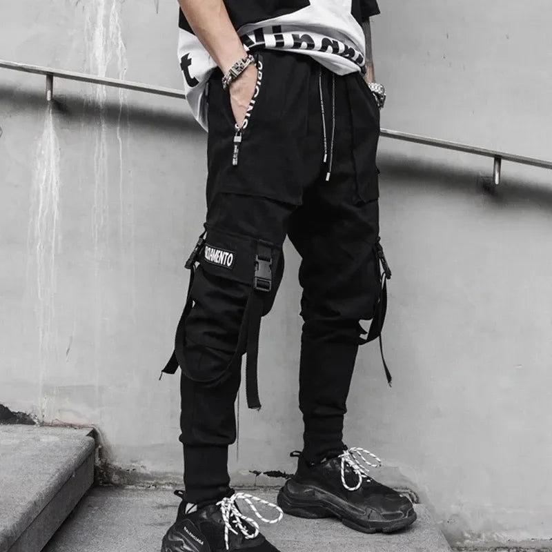 Y2K Joggers Cargo Pants For Men Casual Hip Hop Pocket Mens Trousers Sweatpants Streetwear Ribbons Techwear Black Baggy Pant 브론슨