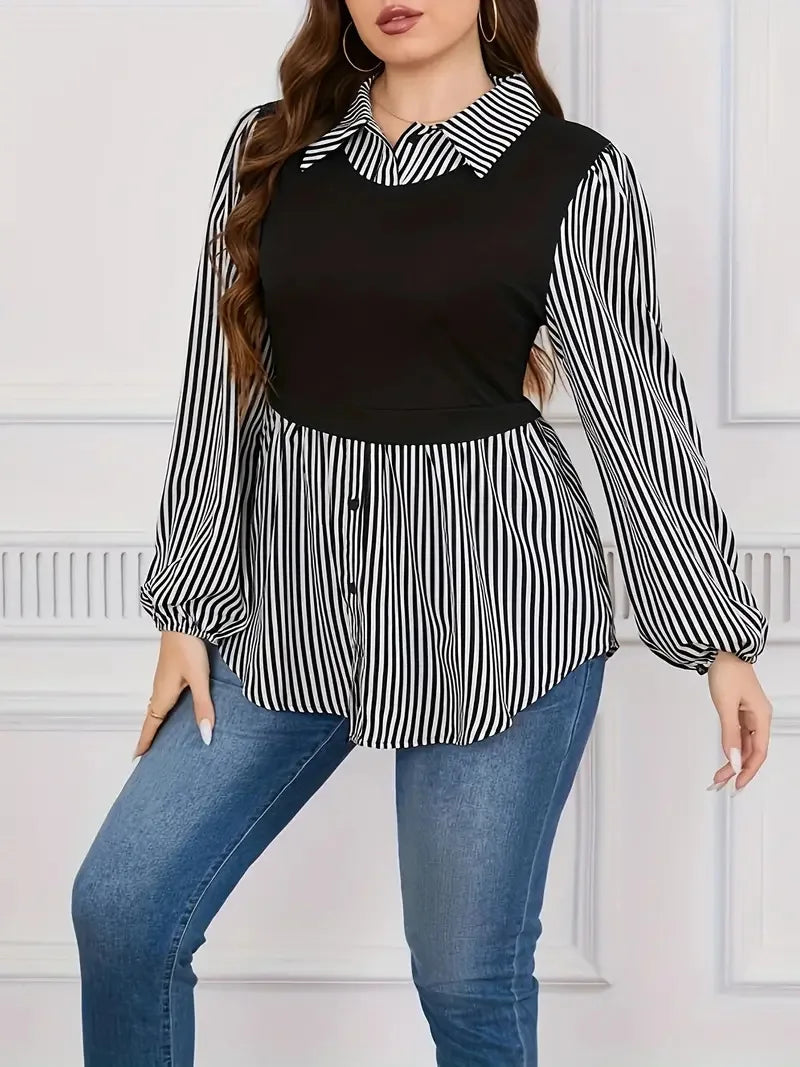 Plus Size Autumn Striped Print Patchwork Pullover Tops Women Casual Fashion Ladies Blouses Loose Long Sleeve Woman Tops