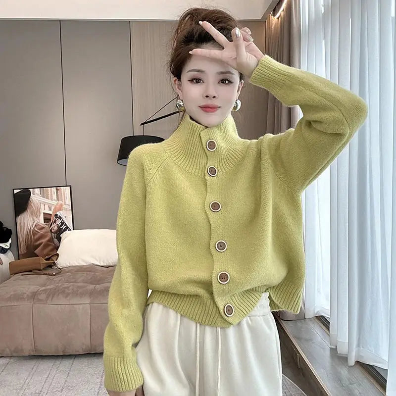 Korean Fashion Autumn Sweaters Coats Women Turtleneck Single Breasted Lazy Wind Casual Loose Long Sleeve Cardigan Knitted Tops