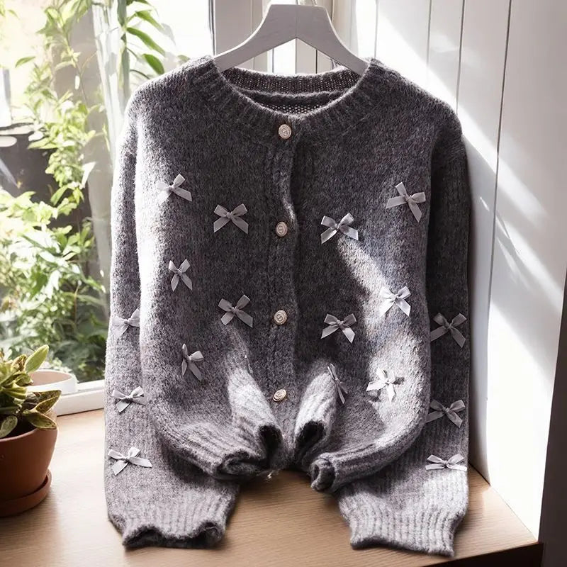 Autumn New Style Small Fragrant Style Short Sweater Jacket Women Loose Lazy Style Japanese Bow Tie Outer Layer Knitted Cardigan