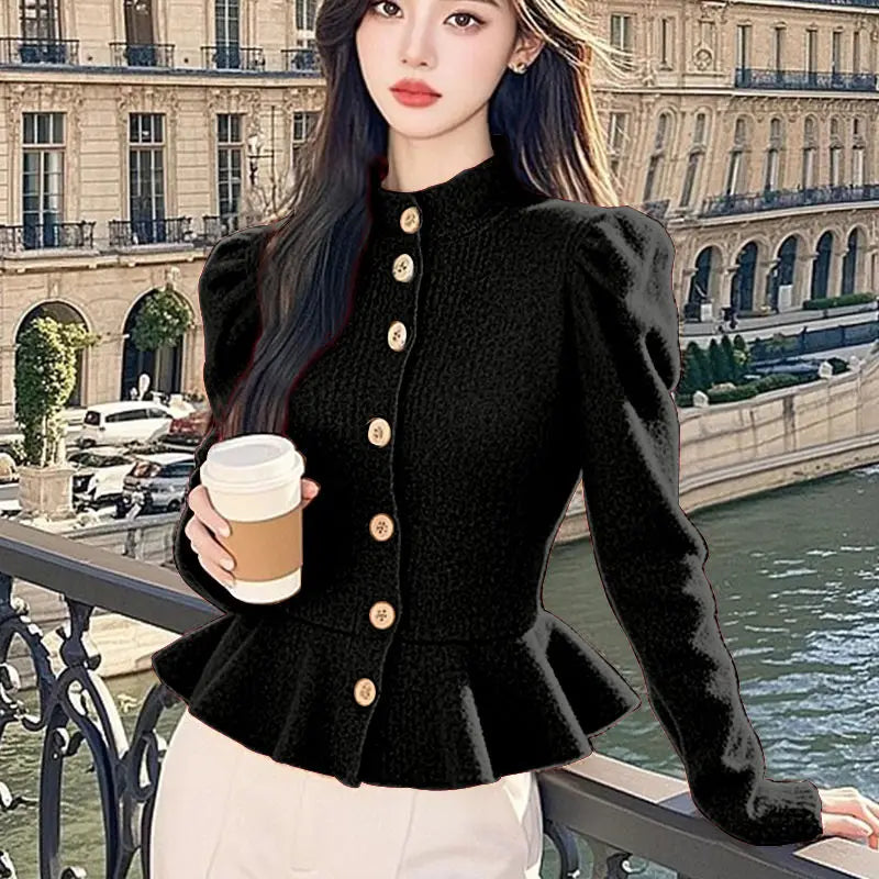 Lazy Style Semi High Neck Cardigan Women's 2024 Winter Fashion Korean Style Waist Cinching Knitting Vintage All-match Sweaters