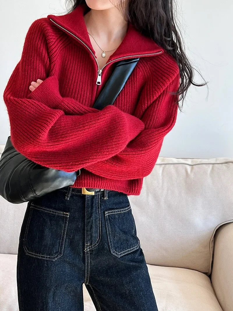 Basic Red Oversized Cardigan for Women Pullovers Turtleneck with Zipper Winter Women's Knitted Top Warm Soft Girl Baggy Sweaters