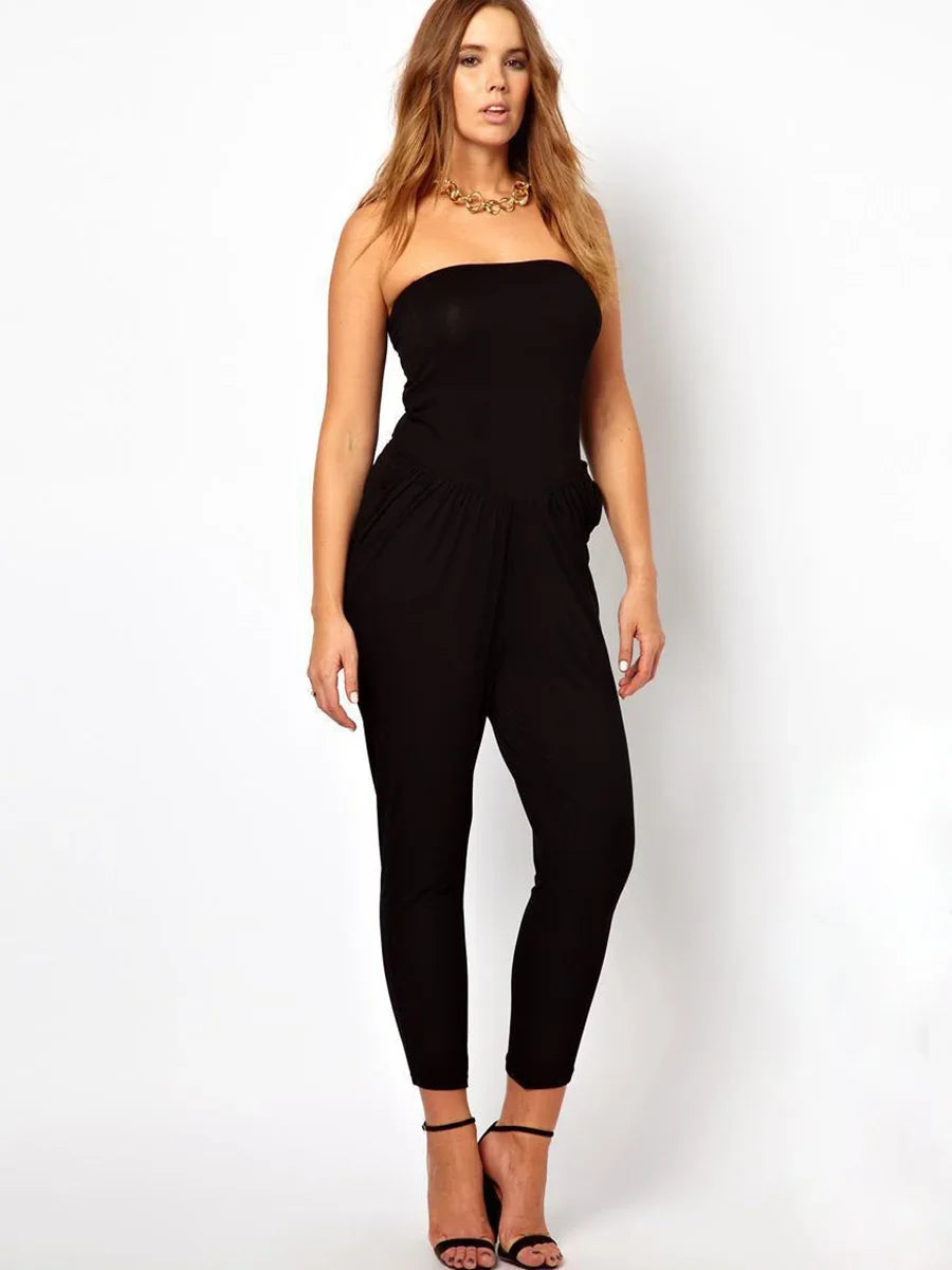 Plus Size Elegant Tube Jumpsuits Women Sleeveless Off Shoulder Solid Black Pocket Elastic Waist Summer Casual Jumpsuits 6xl 7xl