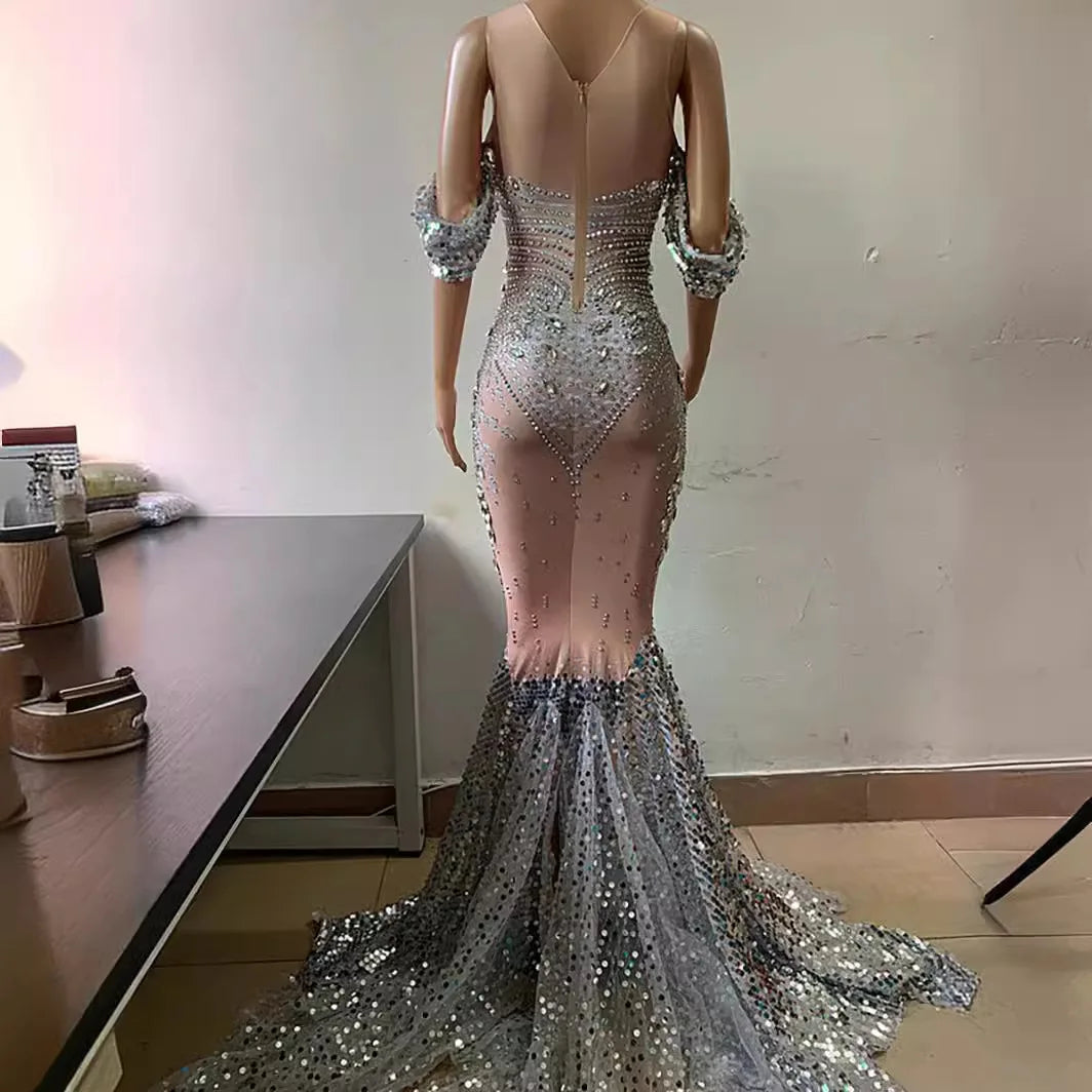 2025 Popular Bright Crystal Sequins Elegant Fishnet Dress, Off-the-shoulder Wedding Dress Women Dresses for Party and Wedding