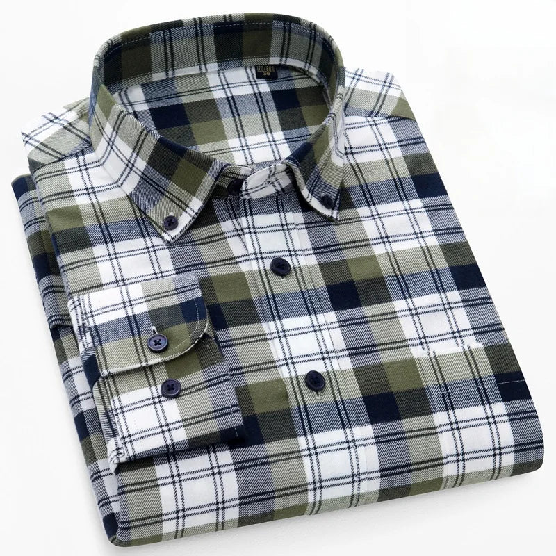 100% Pure Cotton Flannel Men Plaid Shirts Male Business Casual High Quality Pocket Long sleeve Shirt for Men Button Shirt S-5XL