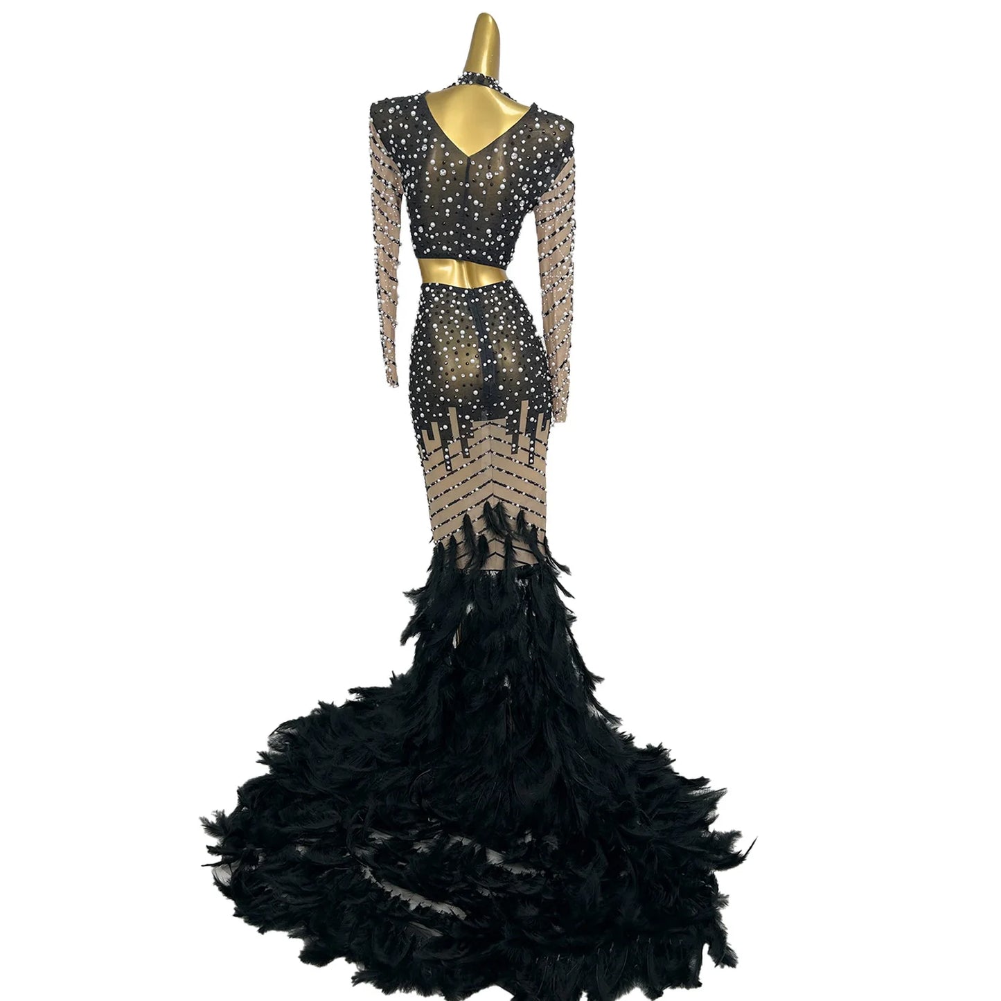 Customized Black Feather Mermaid Prom Dress for Black Girls High Stretch Diamonds Crystals Beaded Birthday Party Gown Fentiyumao