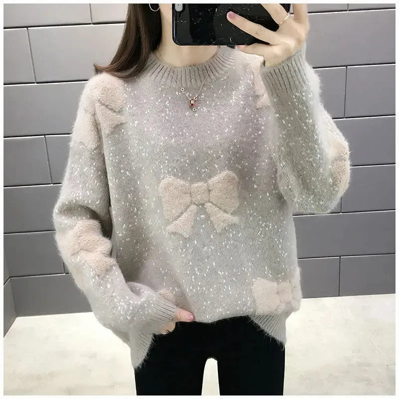 Loose Pullover Women Sweater Long-sleeve Thick Warm Sweaters 2025 Autumn Winter Fashion Bow Imitation Mink Velvet Tops Female