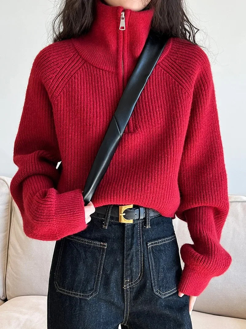 Basic Red Oversized Cardigan for Women Pullovers Turtleneck with Zipper Winter Women's Knitted Top Warm Soft Girl Baggy Sweaters